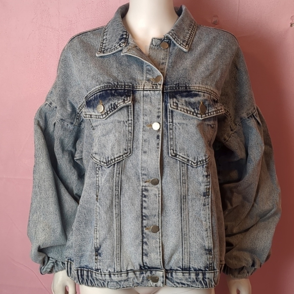 Nasty Gal Acid Wash Volume Sleeve Denim Jean Jacket Size 10